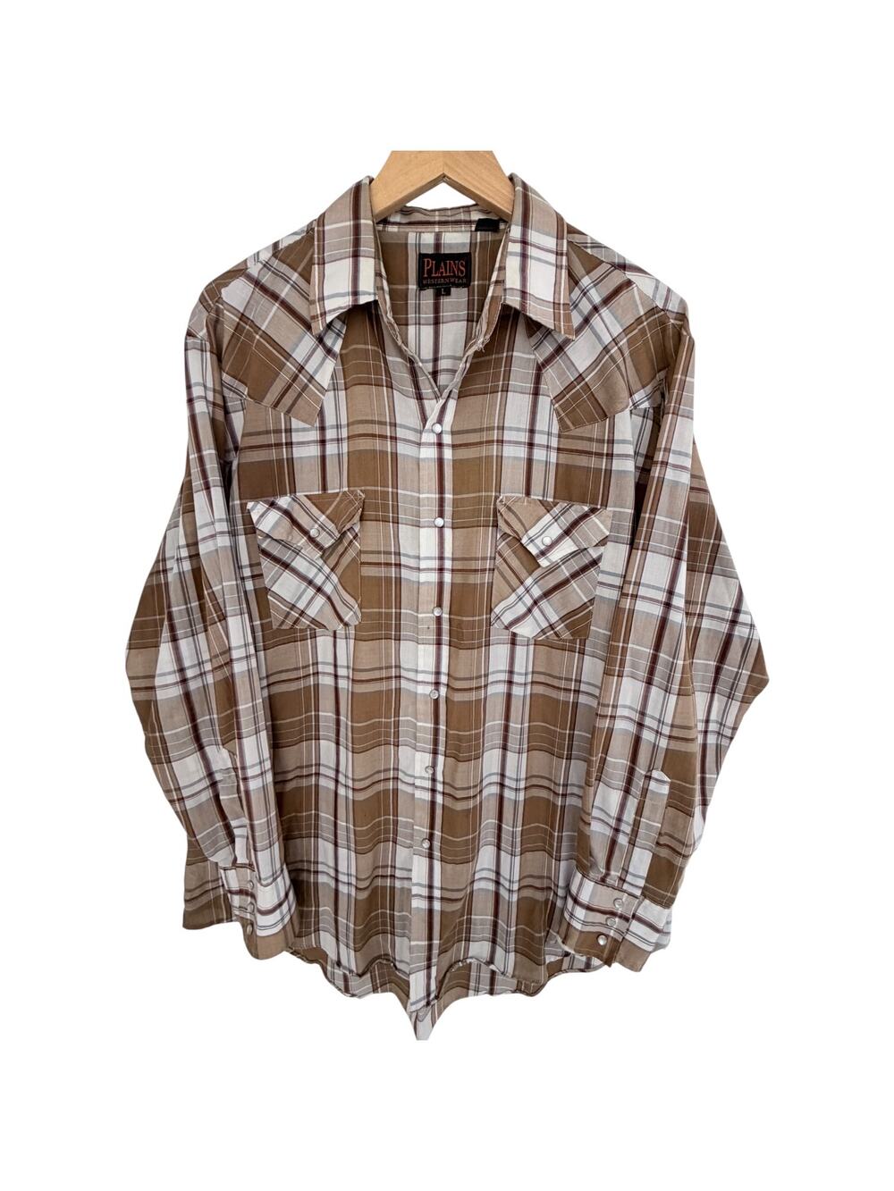 Plains Western Wear Pearl Snap Shirt Mens Large Brown Plaid Cowboy Western